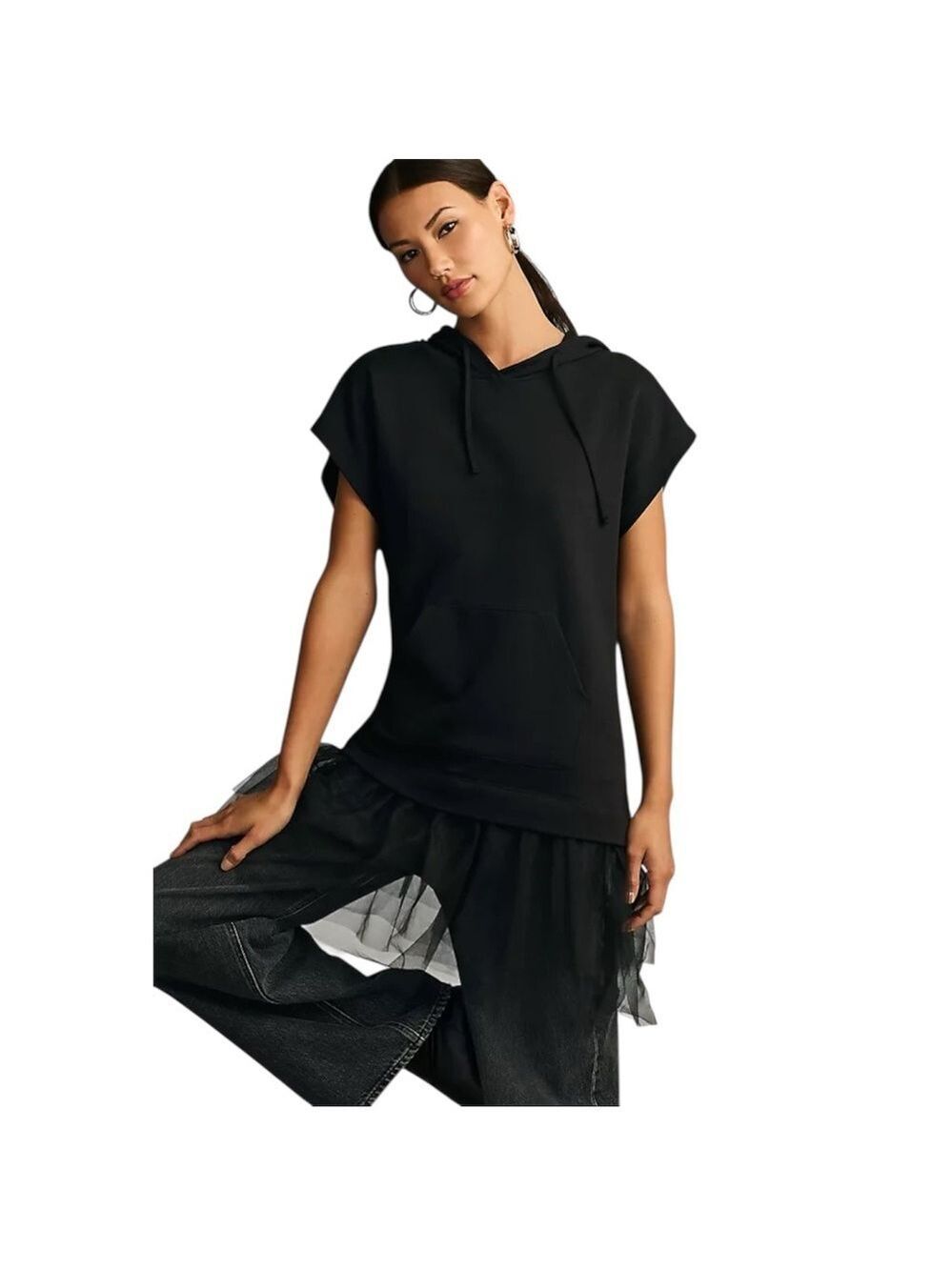 Pilcro Tulle Short-Sleeve Sweatshirt Black Size Large Anthropologie